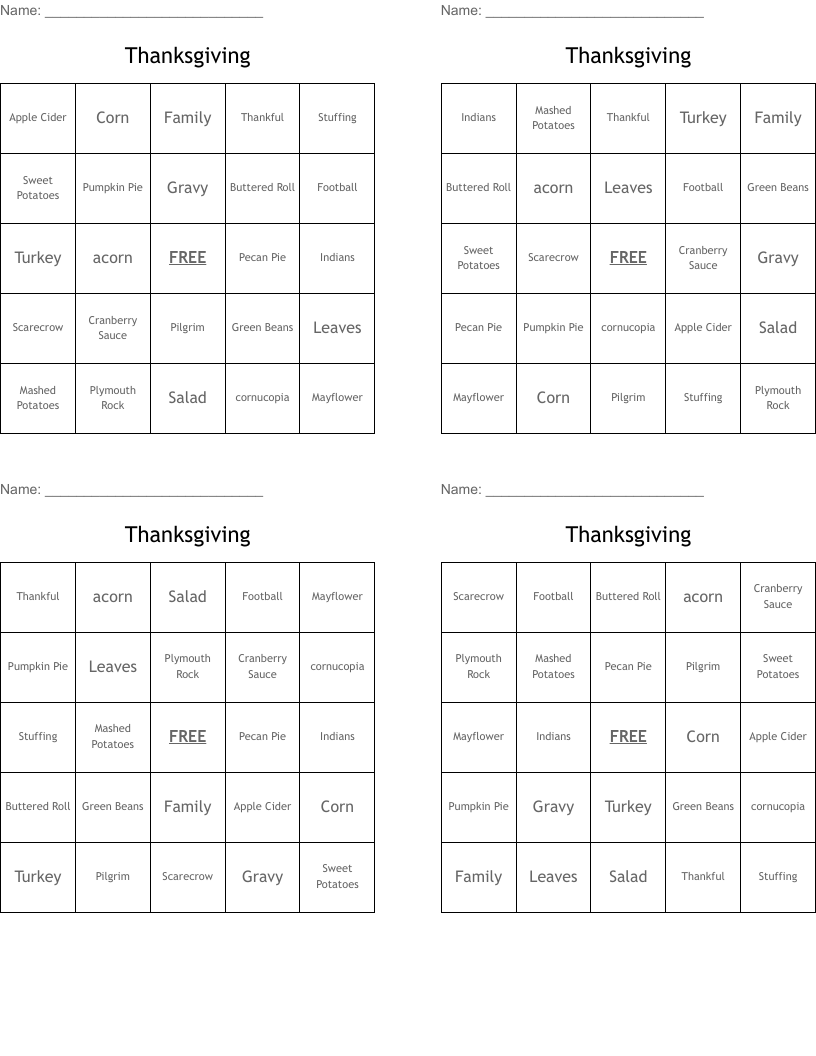Thanksgiving Bingo Cards