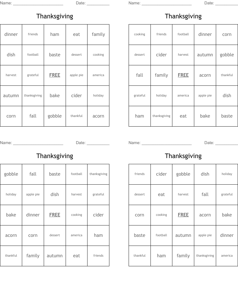Thanksgiving Bingo Cards