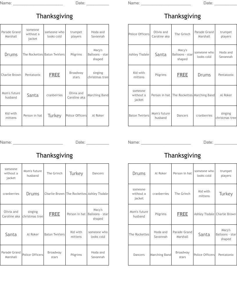 Thanksgiving Bingo Cards