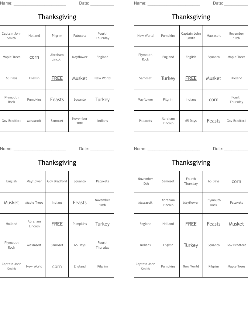Thanksgiving Bingo Cards