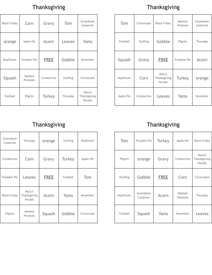 Thanksgiving Bingo Cards