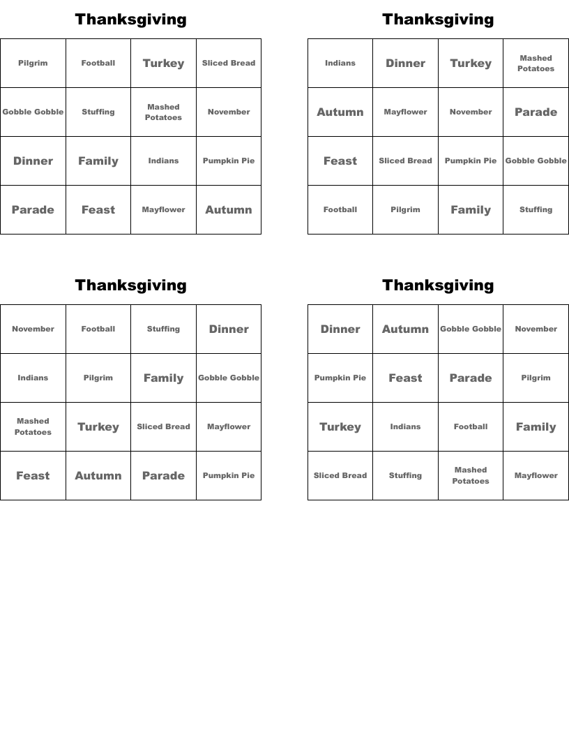 Thanksgiving Bingo Cards