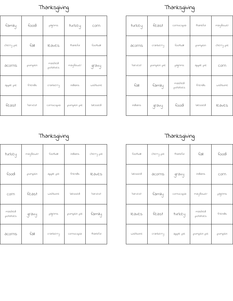 Thanksgiving Bingo Cards