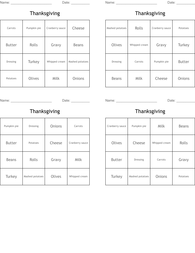 Thanksgiving Bingo Cards