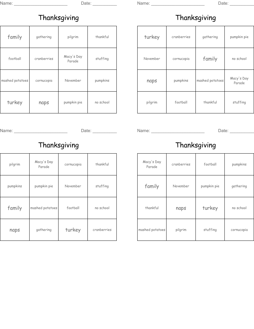 Thanksgiving Bingo Cards