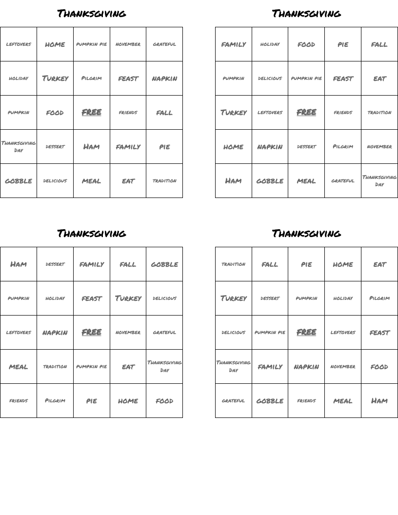 Thanksgiving Bingo Cards
