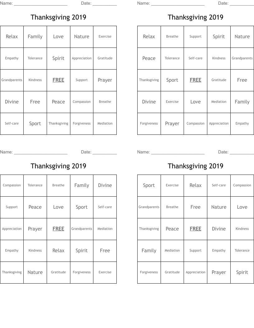 Thanksgiving 2019 Bingo Cards