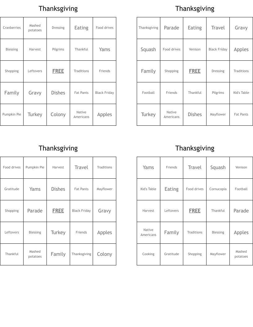 Thanksgiving Bingo Cards