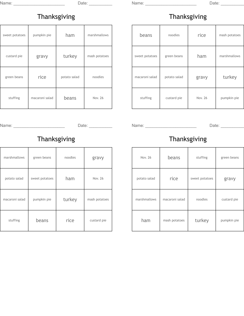 Thanksgiving Bingo Cards