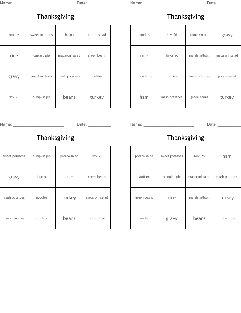 Thanksgiving Bingo Cards