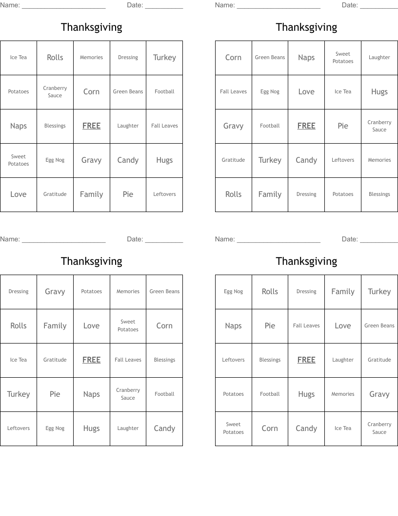 Thanksgiving Bingo Cards