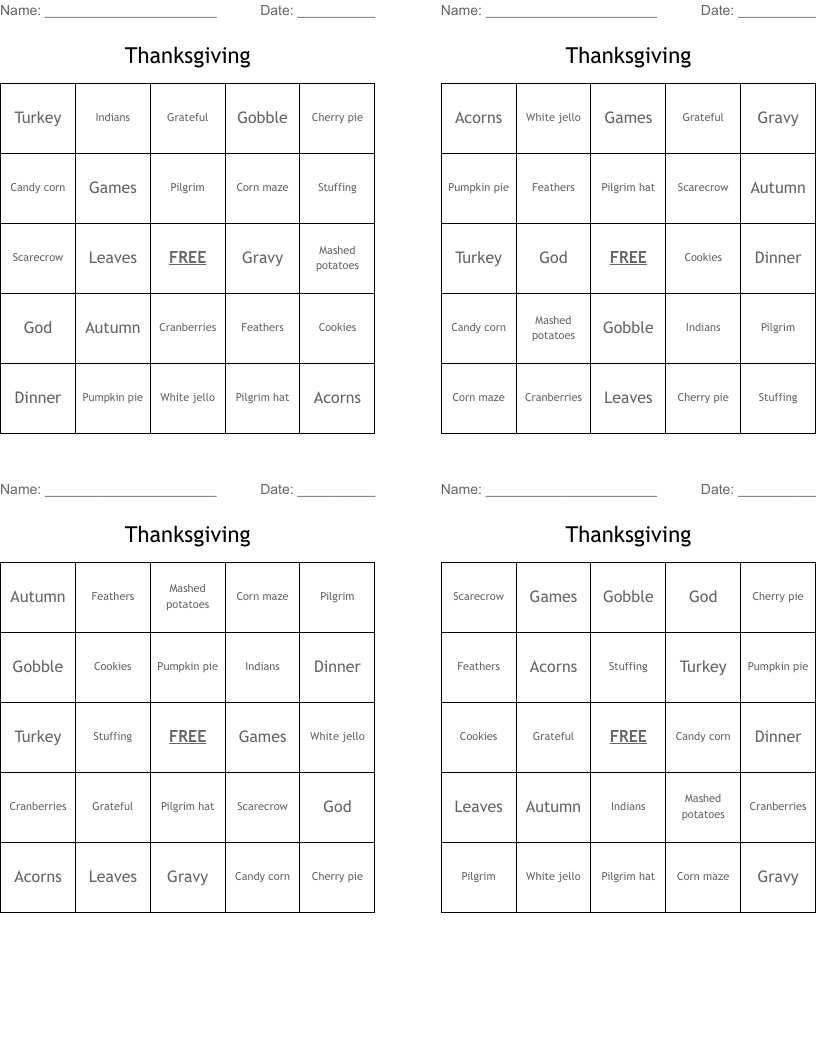 Thanksgiving Bingo Cards