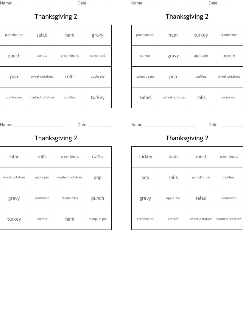 Thanksgiving 2 Bingo Cards