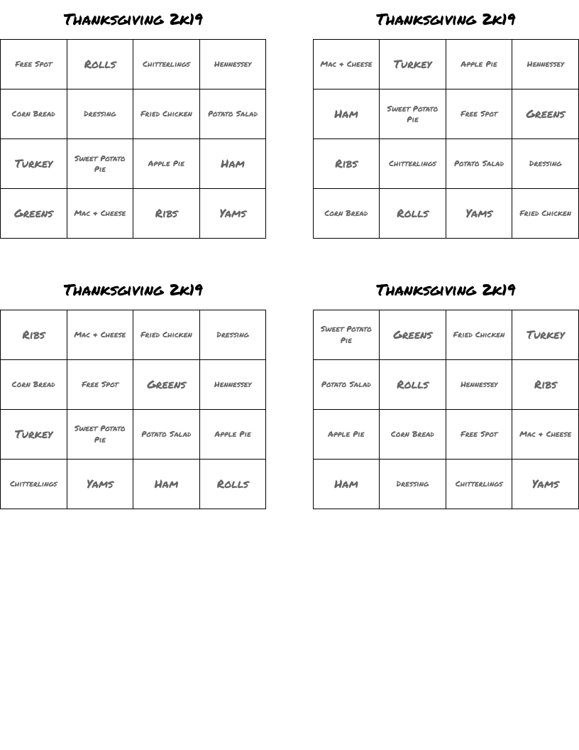 Thanksgiving 2k19 Bingo Cards