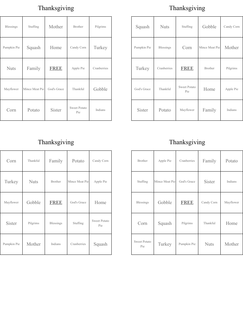 Thanksgiving Bingo Cards