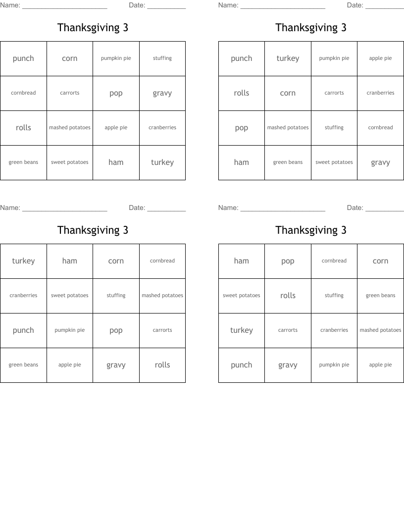Thanksgiving 3 Bingo Cards