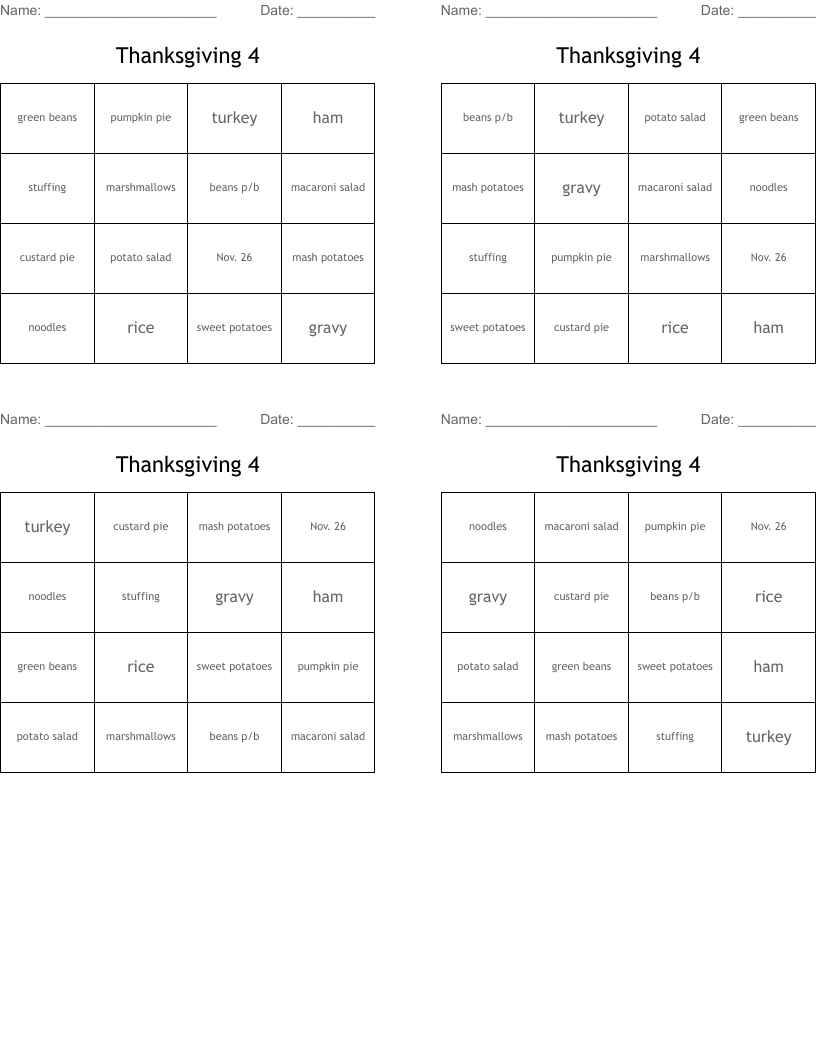 Thanksgiving 4 Bingo Cards