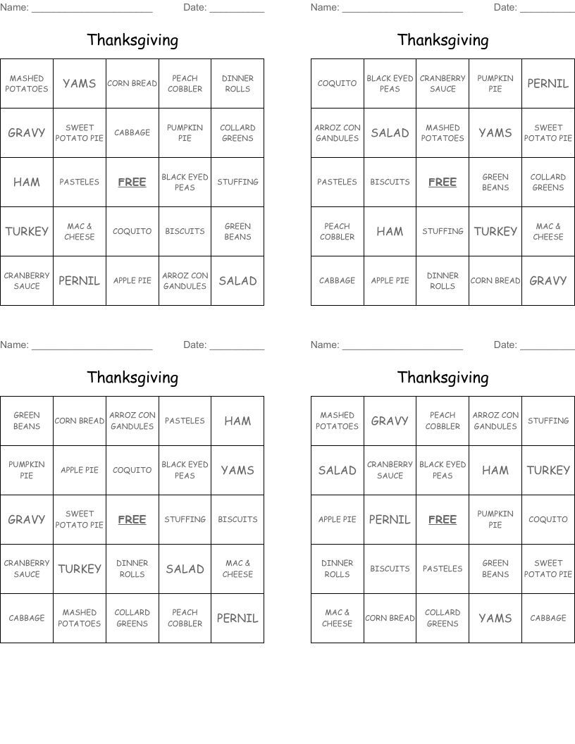 Thanksgiving Bingo Cards