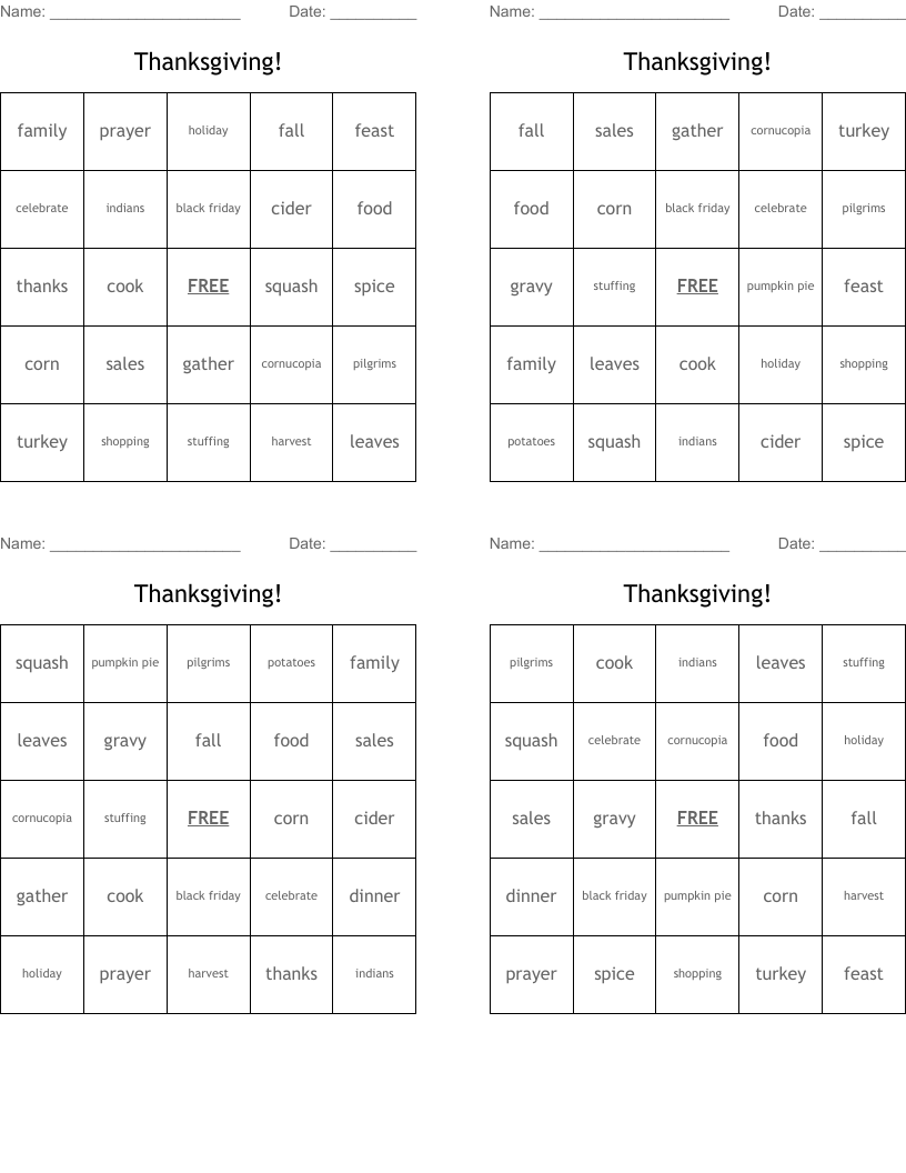 Thanksgiving! Bingo Cards