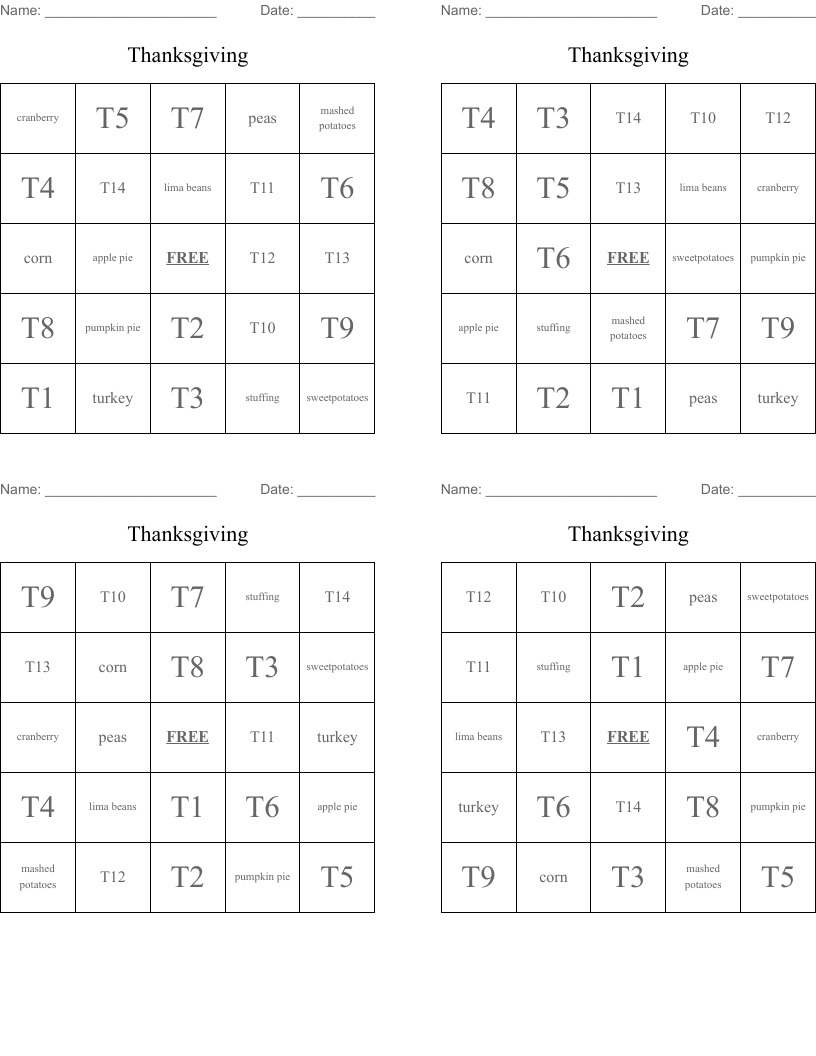 Thanksgiving Bingo Cards