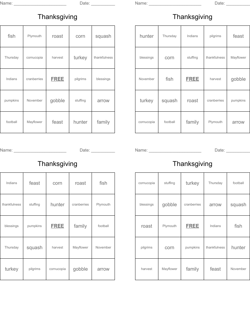Thanksgiving Bingo Cards