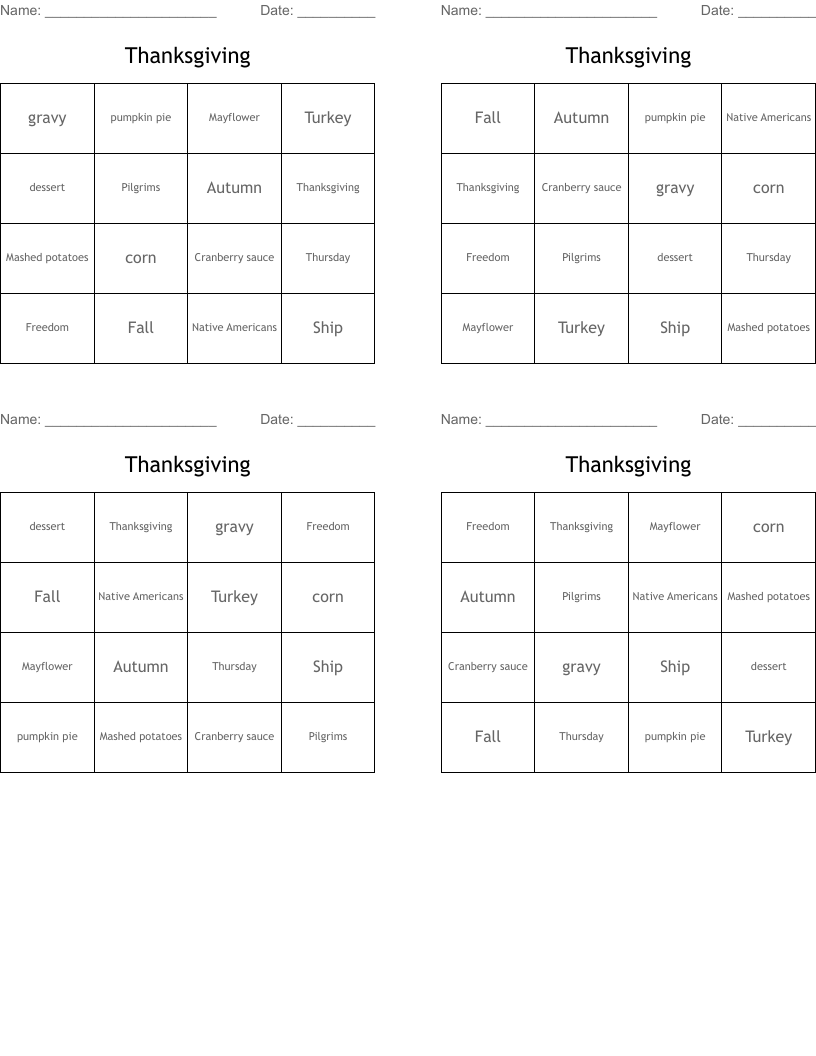 Thanksgiving Bingo Cards