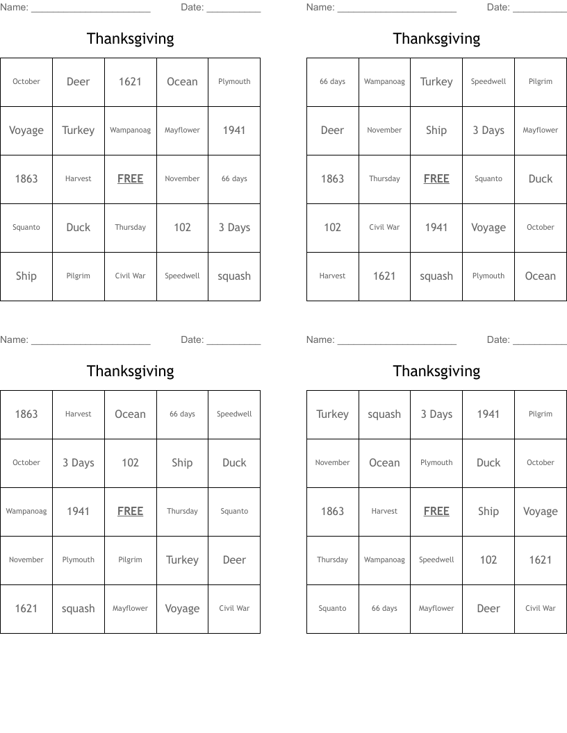 Thanksgiving Bingo Cards