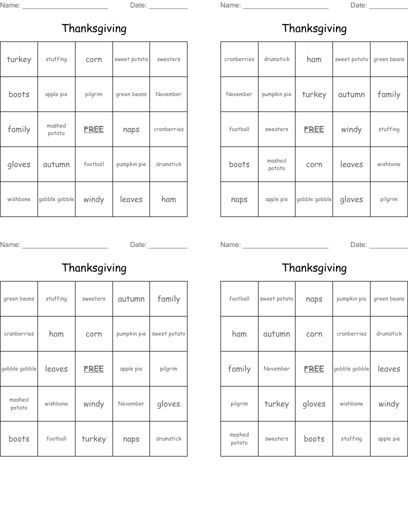 Thanksgiving Bingo Cards