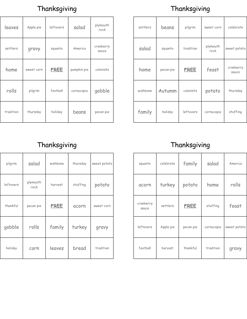 Thanksgiving Bingo Cards