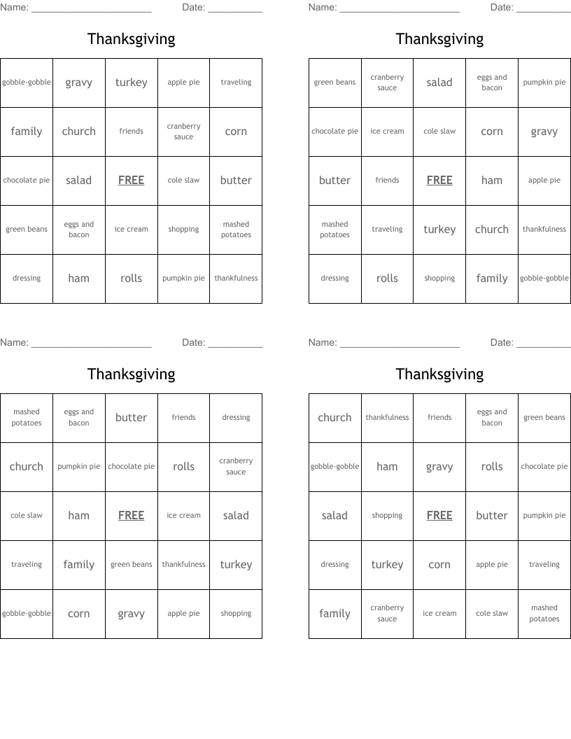 Thanksgiving Bingo Cards