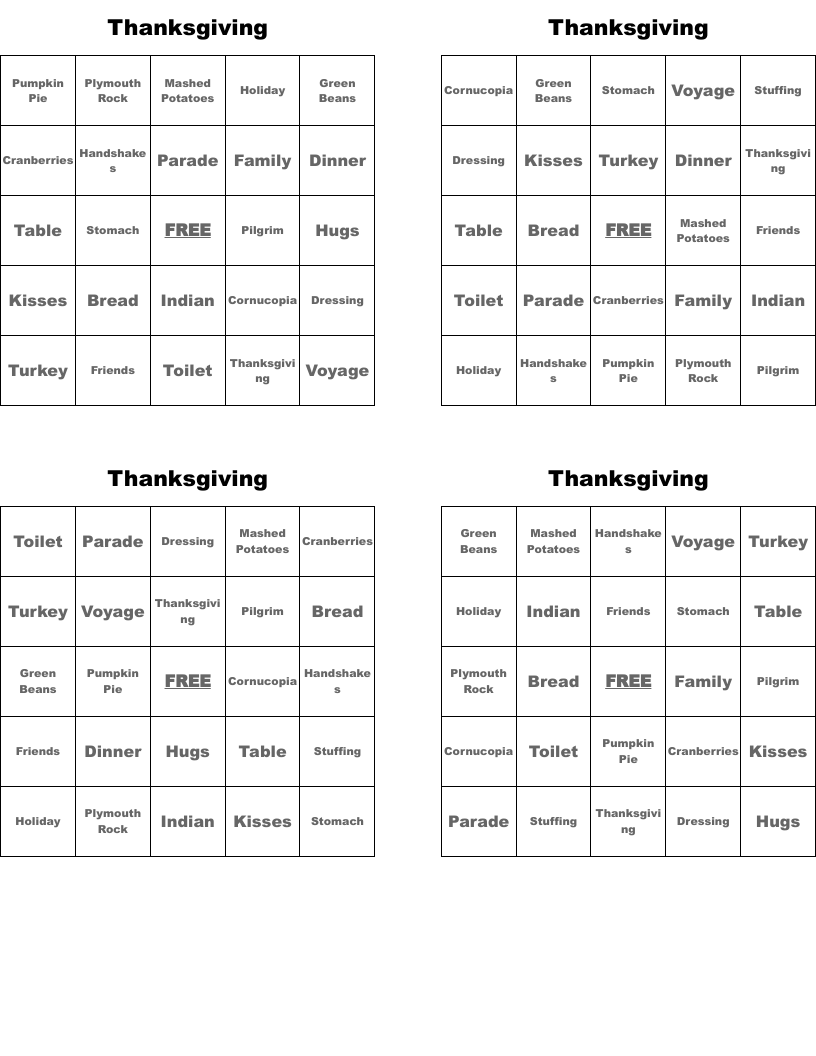 Thanksgiving Bingo Cards