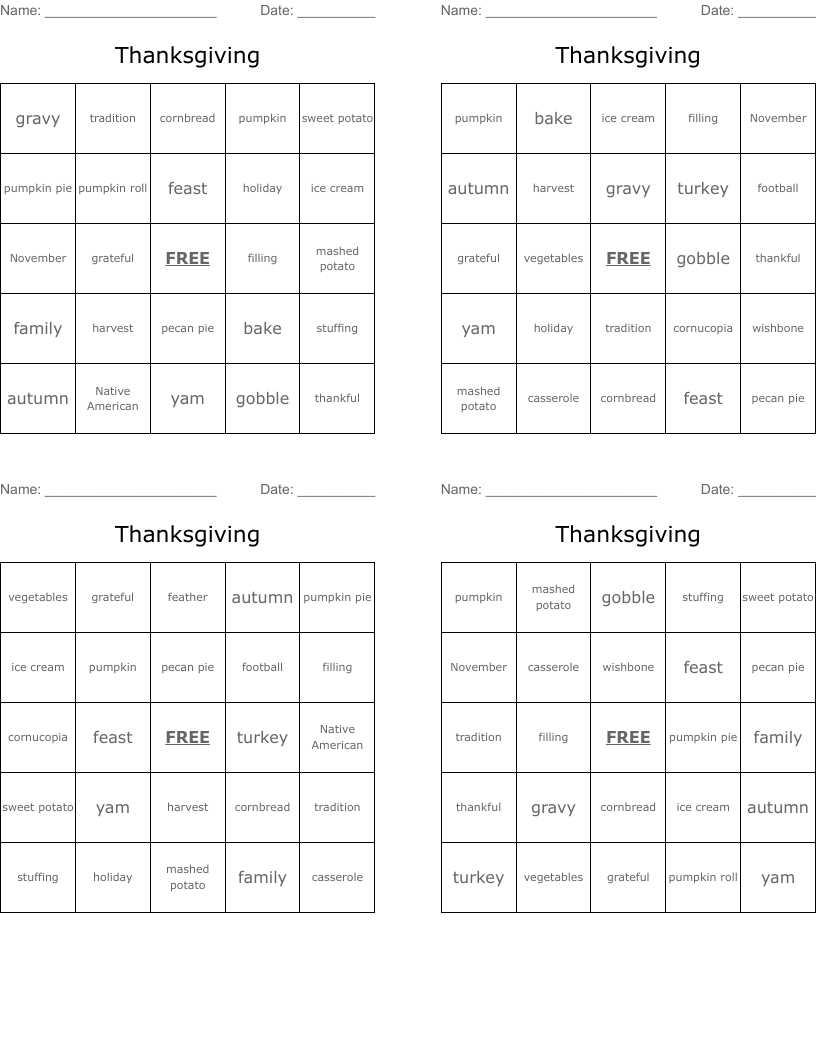 Thanksgiving Bingo Cards