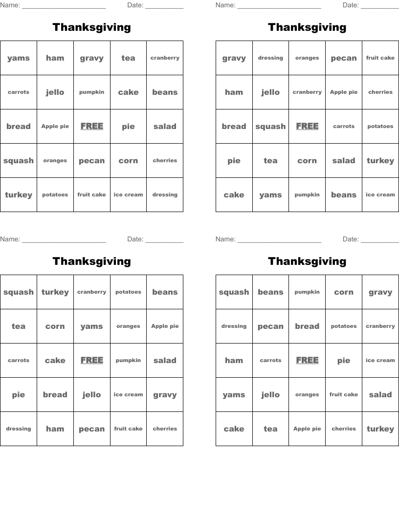 Thanksgiving Bingo Cards