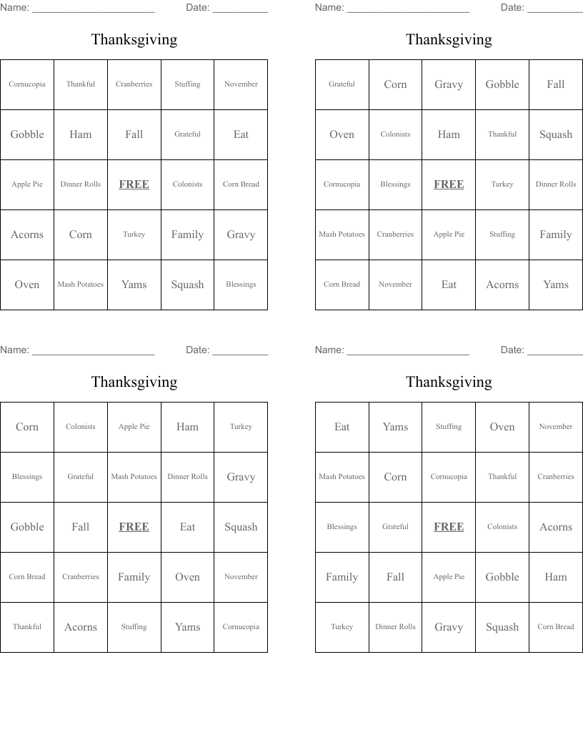 Thanksgiving Bingo Cards