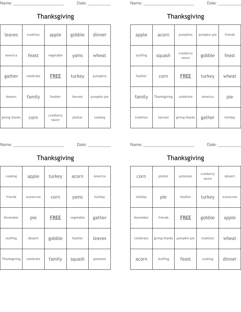Thanksgiving Bingo Cards