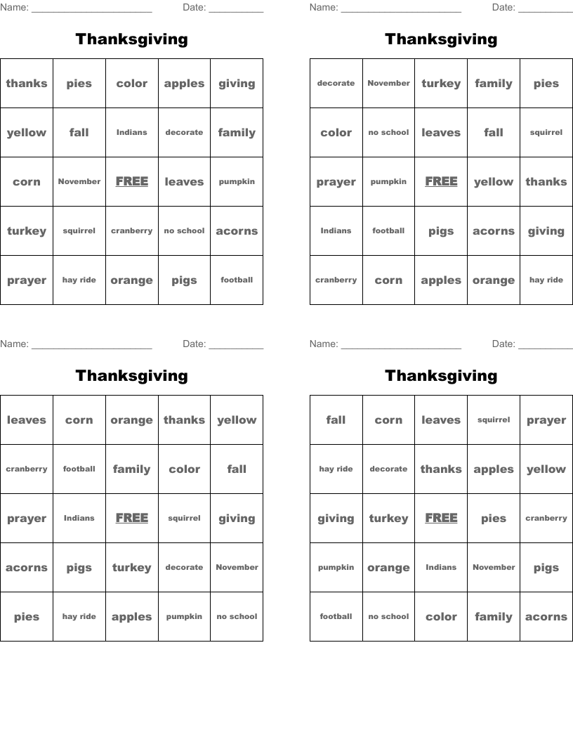Thanksgiving Bingo Cards