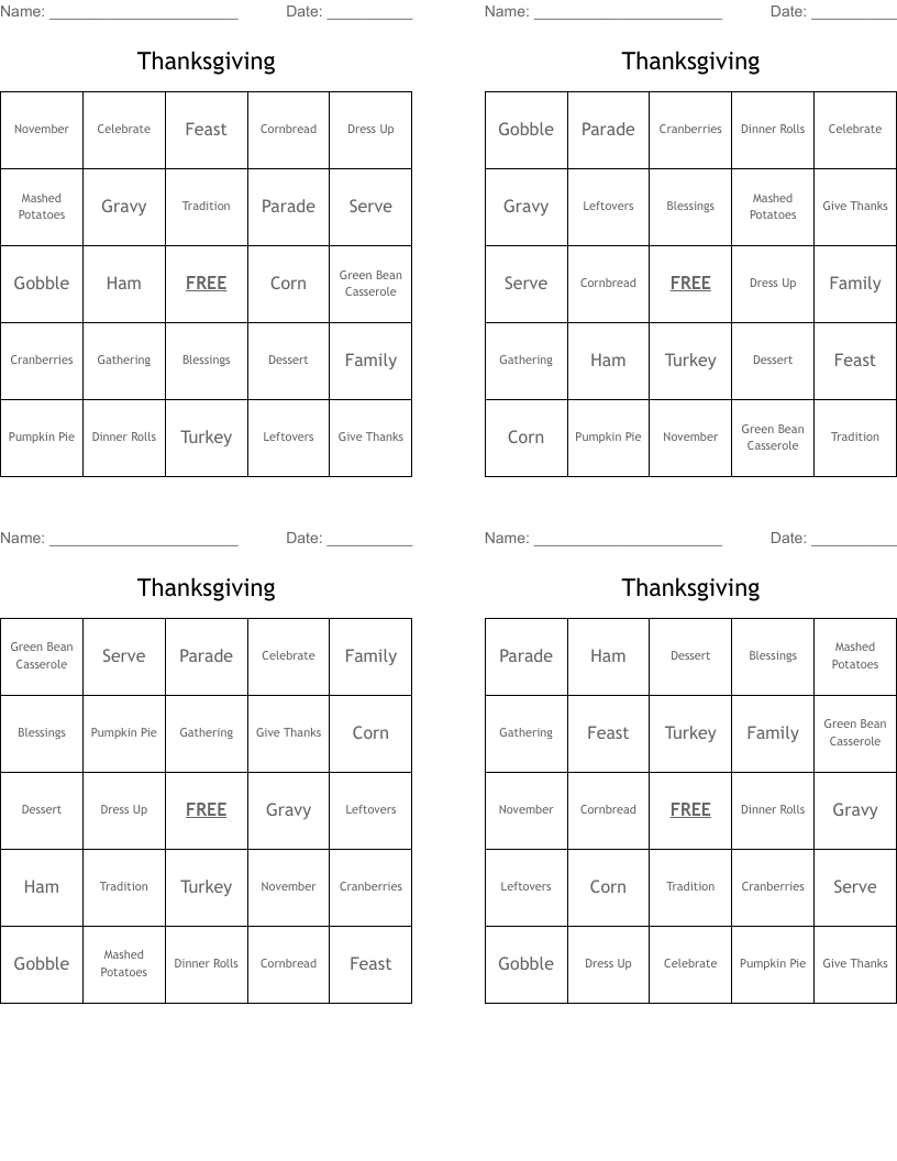 Thanksgiving Bingo Cards