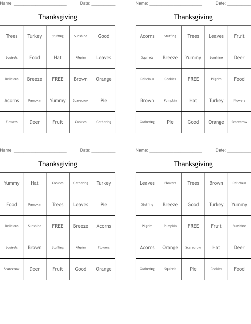 Thanksgiving Bingo Cards