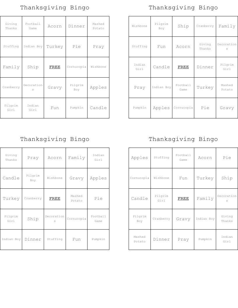 Thanksgiving Bingo