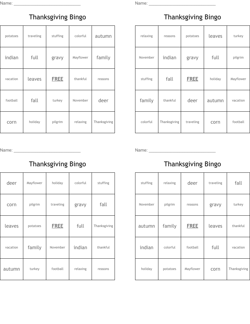 Thanksgiving Bingo