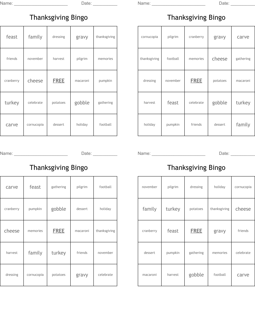 Thanksgiving Bingo