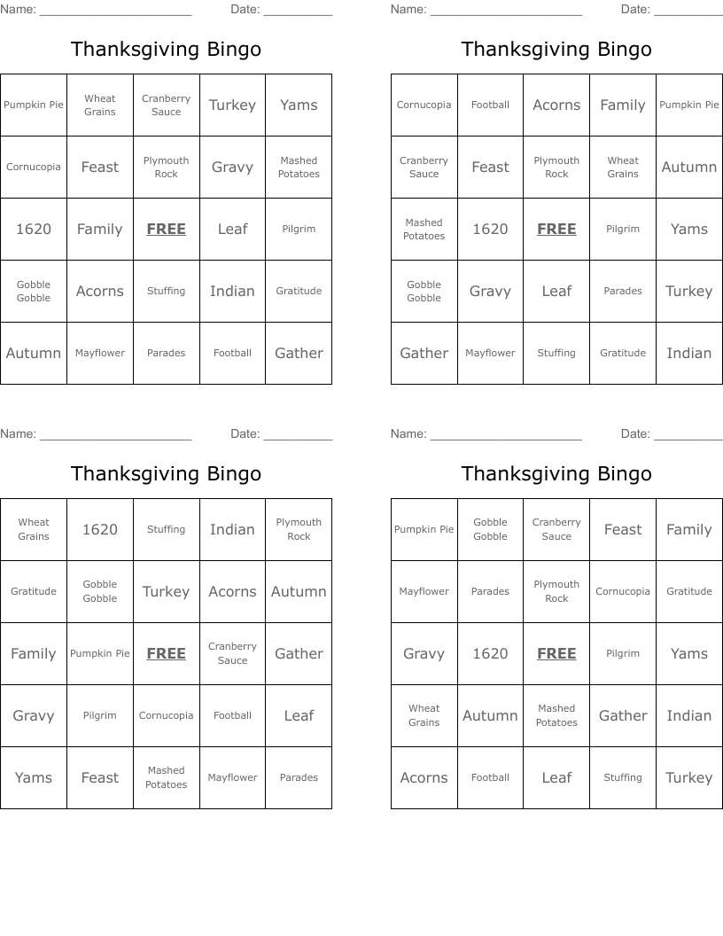 Thanksgiving Bingo