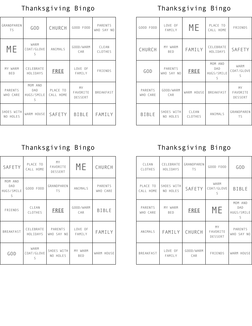 Thanksgiving Bingo