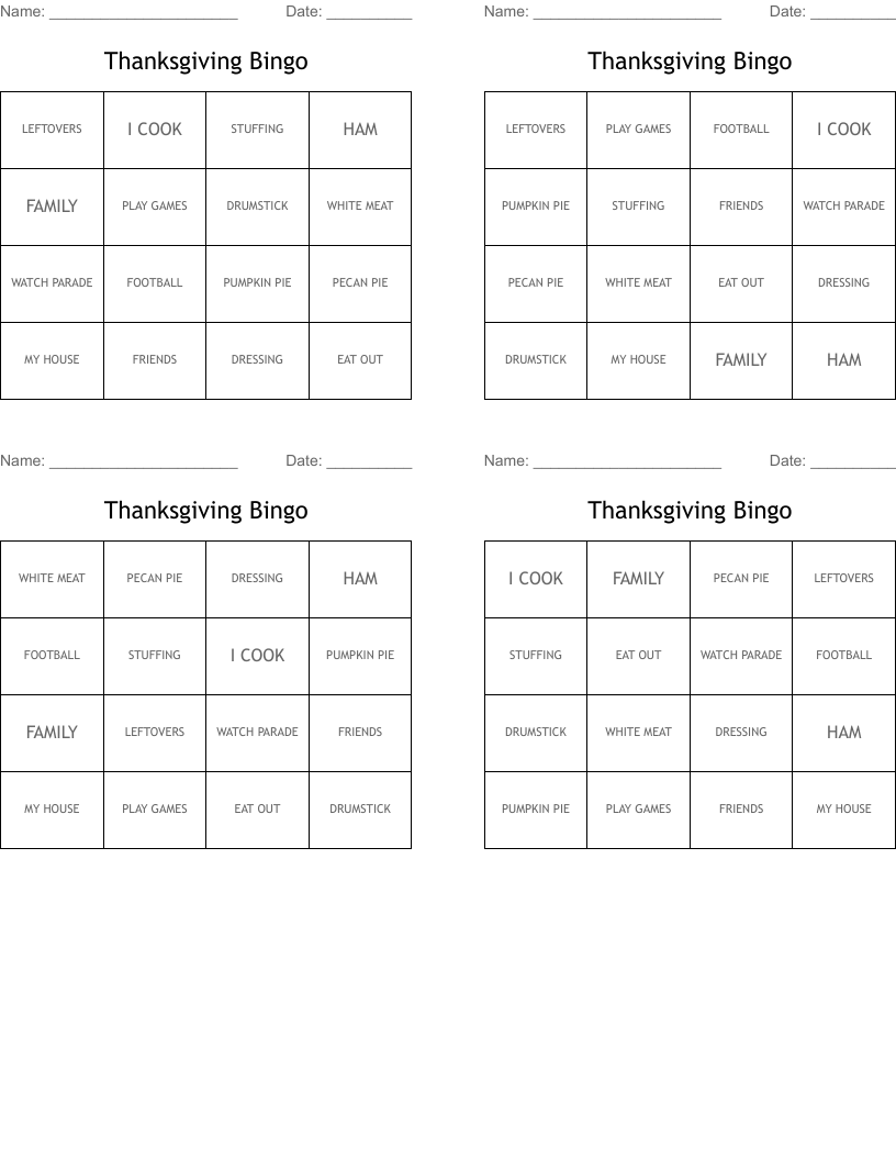 Thanksgiving Bingo