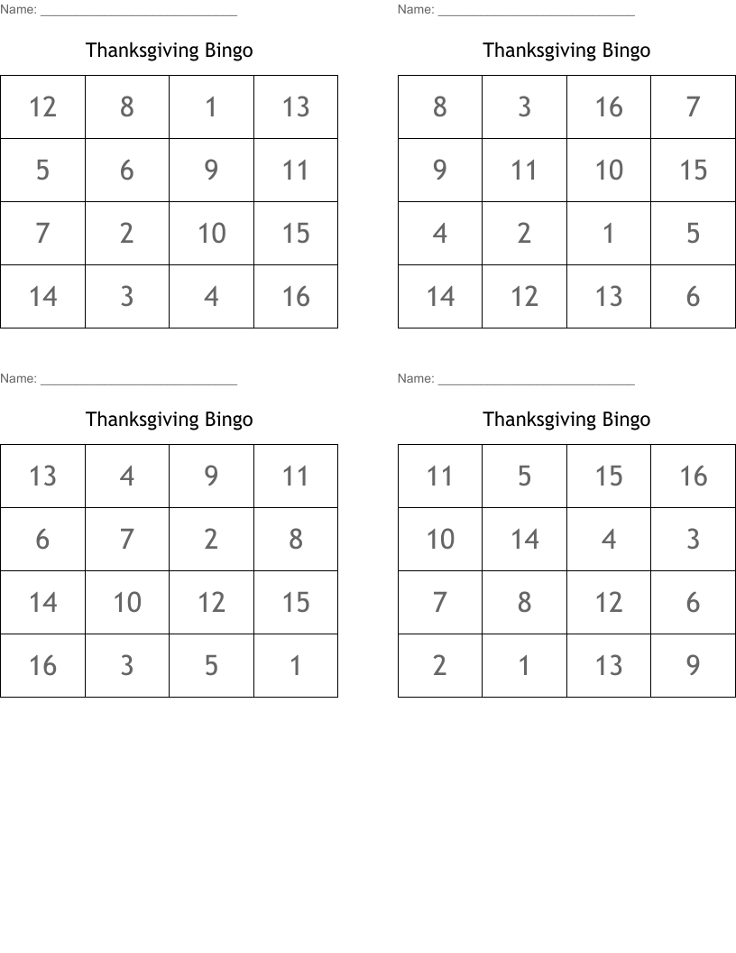 Thanksgiving Bingo
