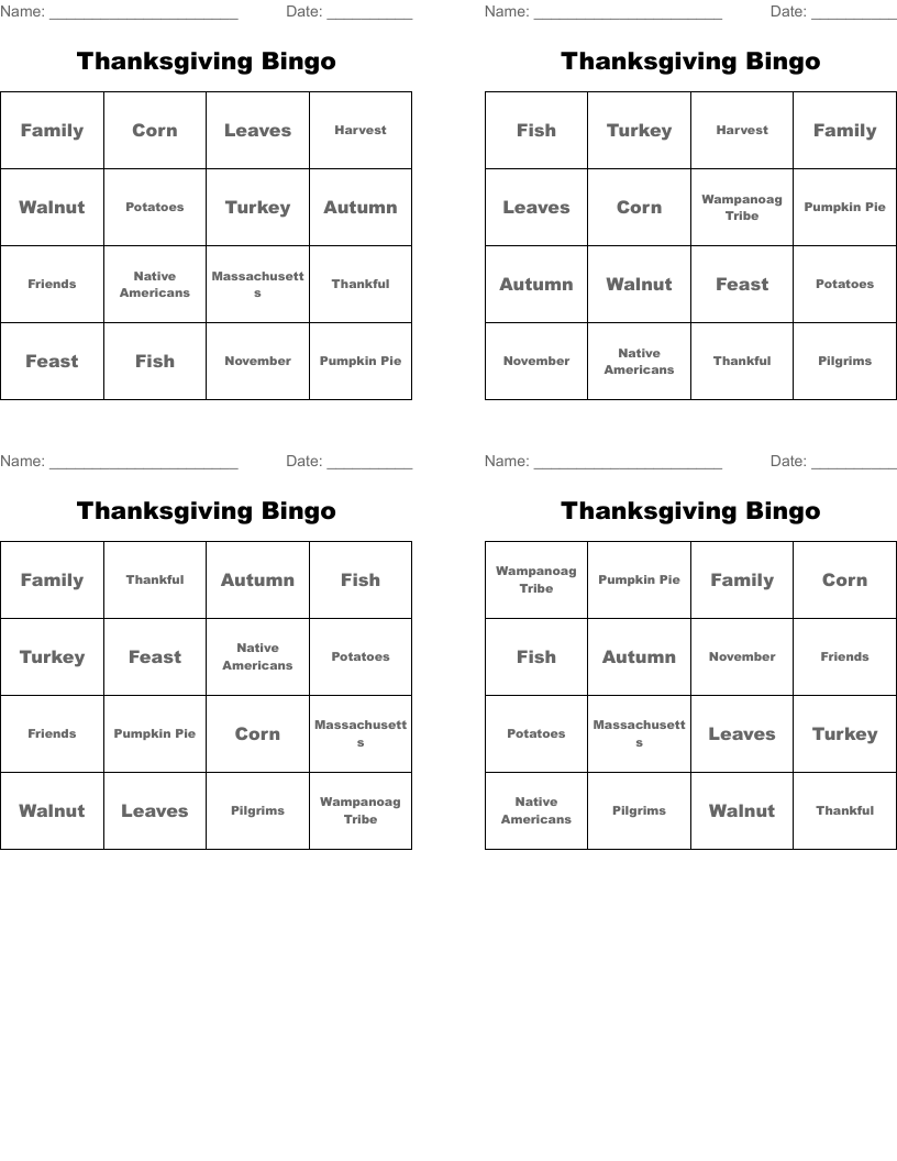 Thanksgiving Bingo