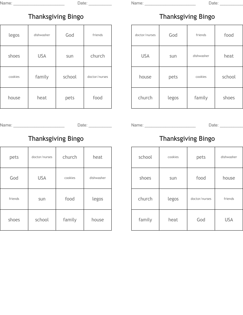Thanksgiving Bingo