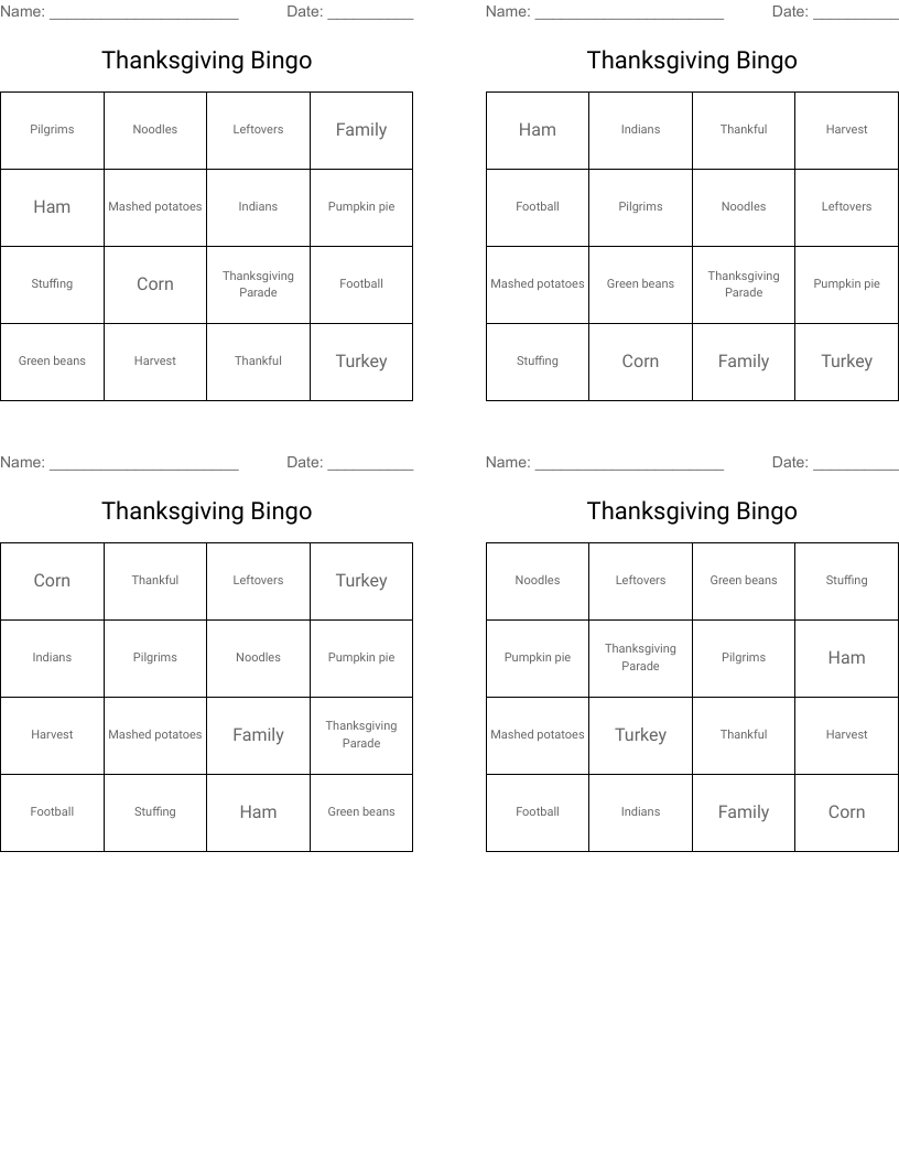 Thanksgiving Bingo