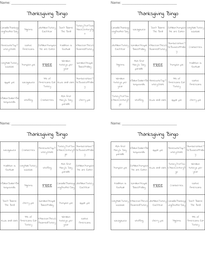 Thanksgiving Bingo