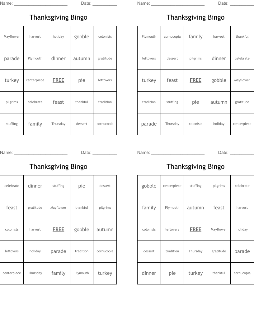 Thanksgiving Bingo